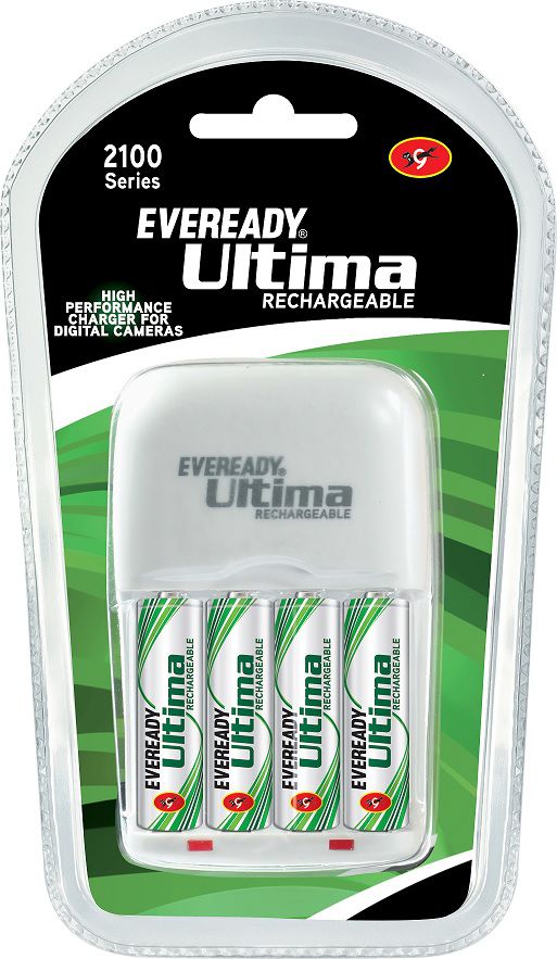     			Eveready Ultima Rechargeable Nimh 2100 mAh 4 Pc Batteries with AA-AAA Charger for Camera