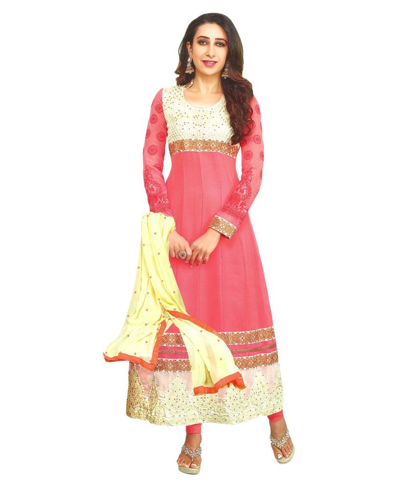     			Reya White and Pink Georgette Dress Material