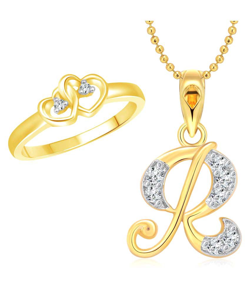     			Vighnaharta Dual Heart Ring with Initial ''R'' Letter Pendant Gold Plated Jewellery Combo