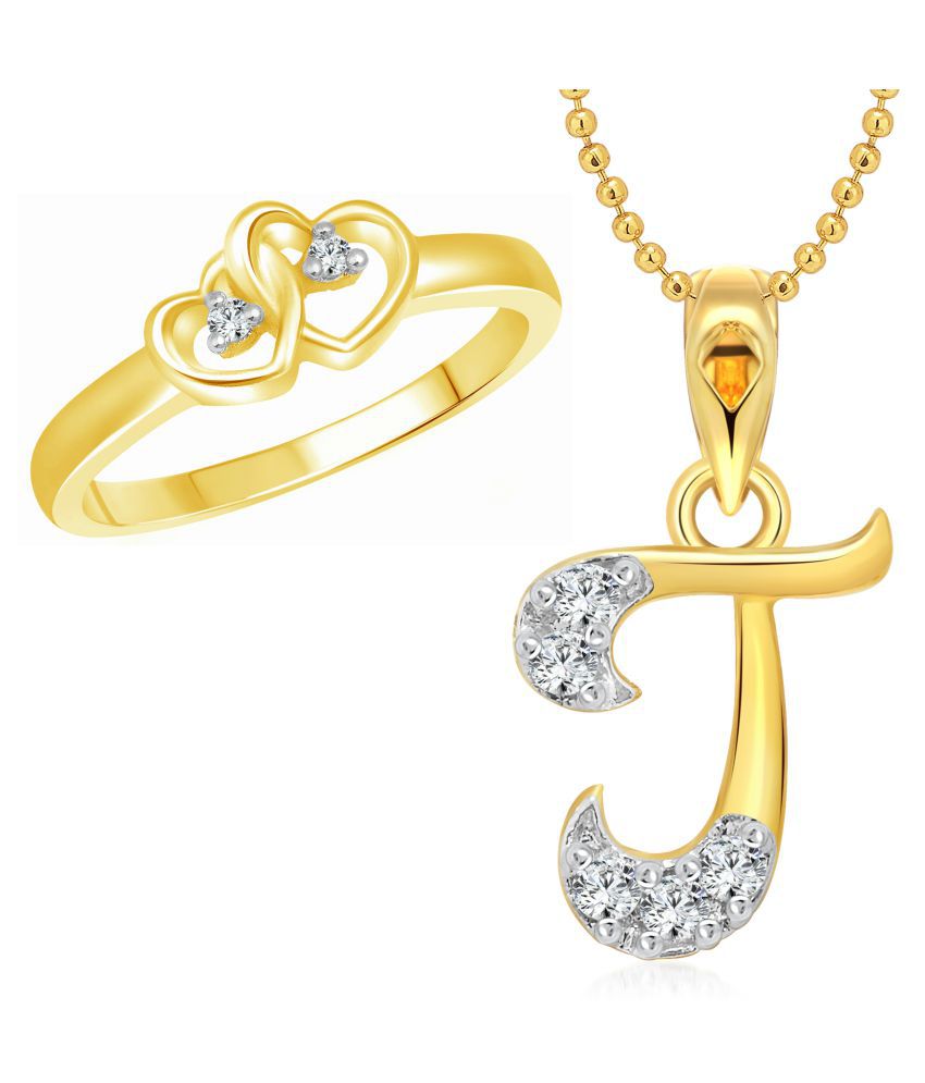     			Vighnaharta Dual Heart Ring with Initial ''J'' Letter Gold Pendant and Rhodium Plated Jewellery Combo set