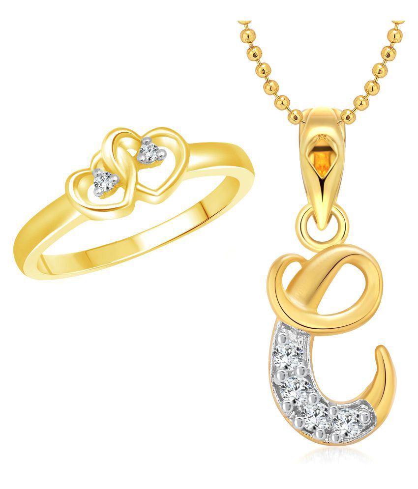     			Vighnaharta Dual Heart Ring with Initial ''C'' Letter Pendant Gold Plated Jewellery Combo set