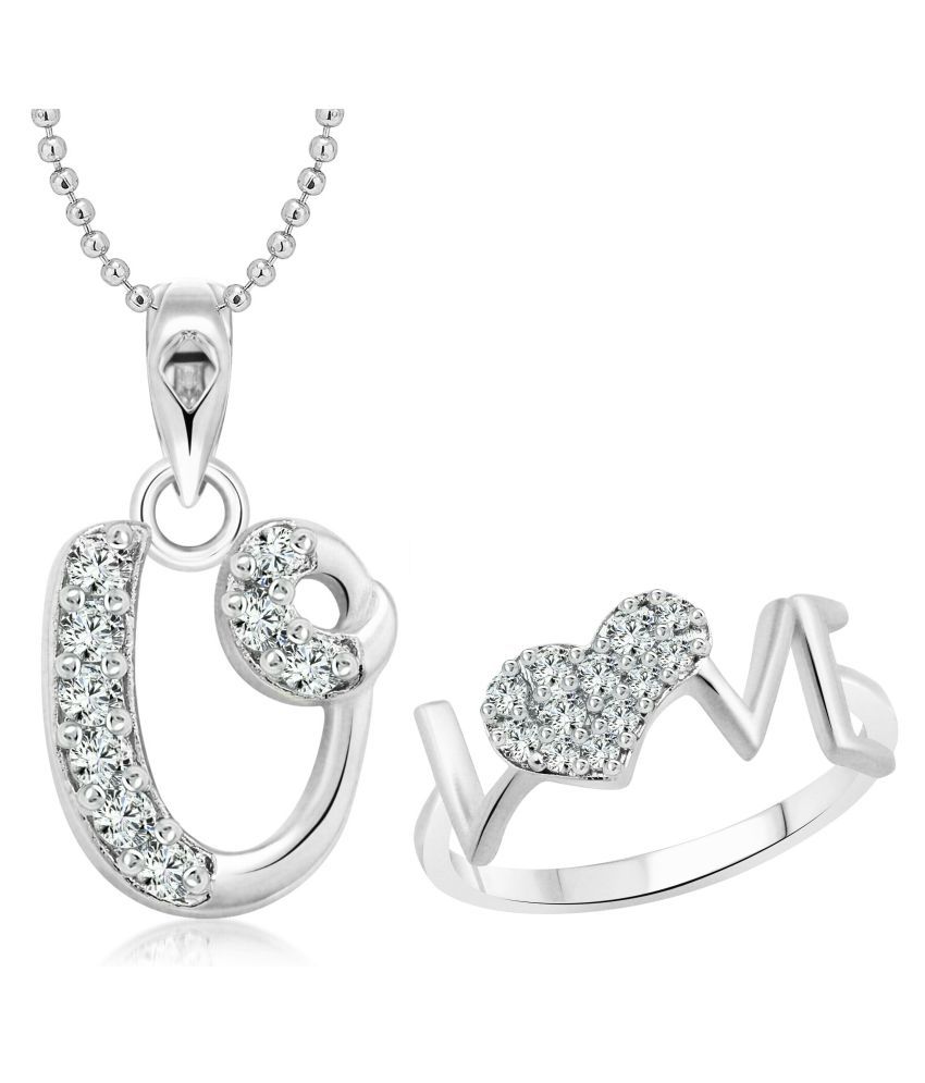     			Vighnaharta LOVE Ring with Initial ''U'' Alphabet Pendant Rhodium Plated Jewellery Combo