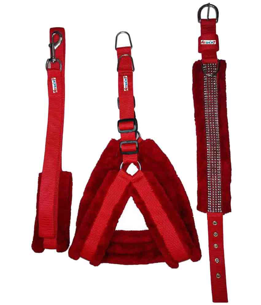     			Petshop7 Fur Padded  Nylon Dog Harness , Dog Collar &  Dog Leash  Large (Chest Size - 29-35inch) Red