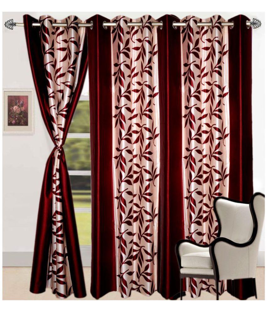 Krishna Creations Set Of 3 Door Eyelet Curtains Floral Burgundy