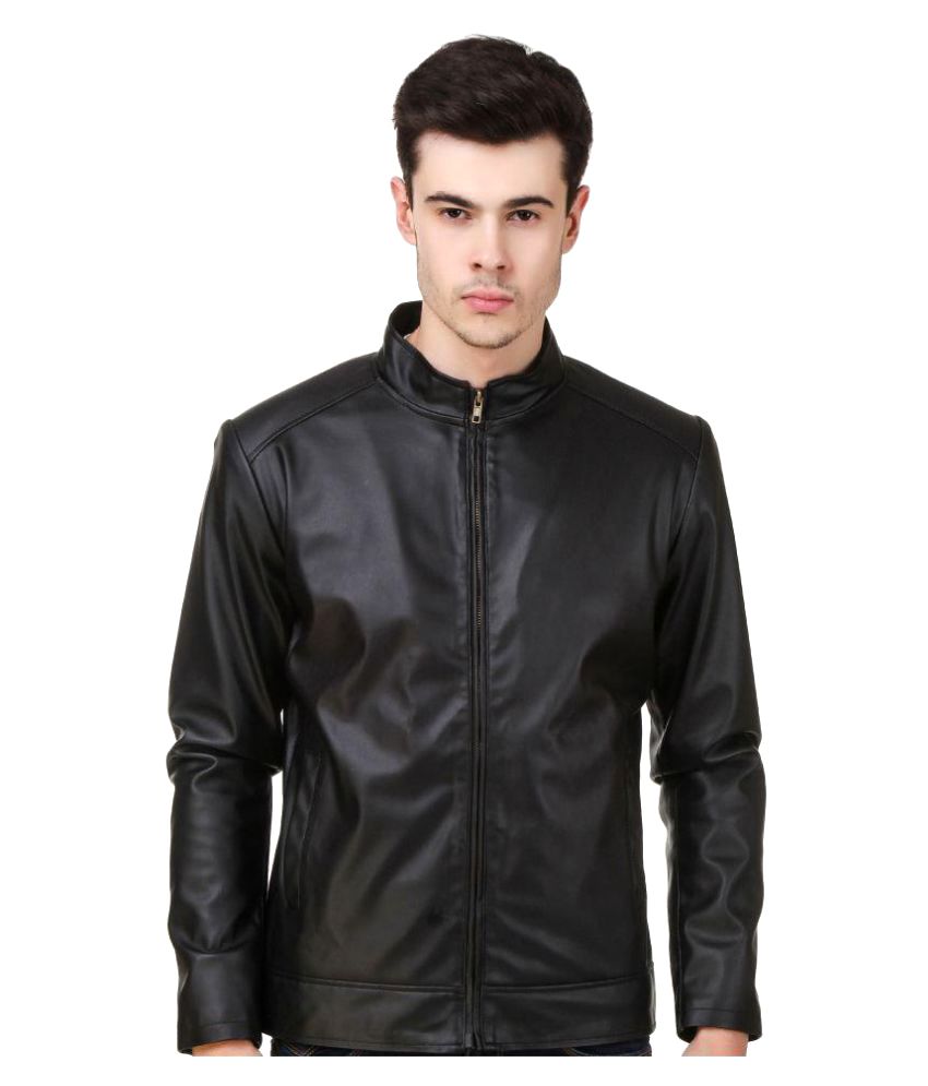 Men's Real Black Leather Jacket With Short Standing Collar | vlr.eng.br