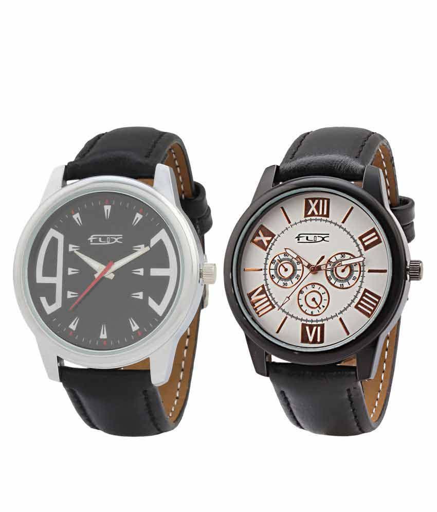 Flix Black Leather Analog Watch - Pack of 2 - Buy Flix Black Leather