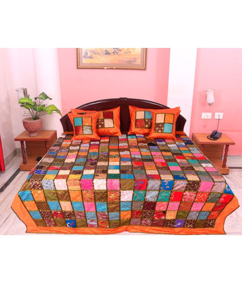 Jaipuri Collection King Silk Multi Embroidery Bedcover Set of 5 Buy