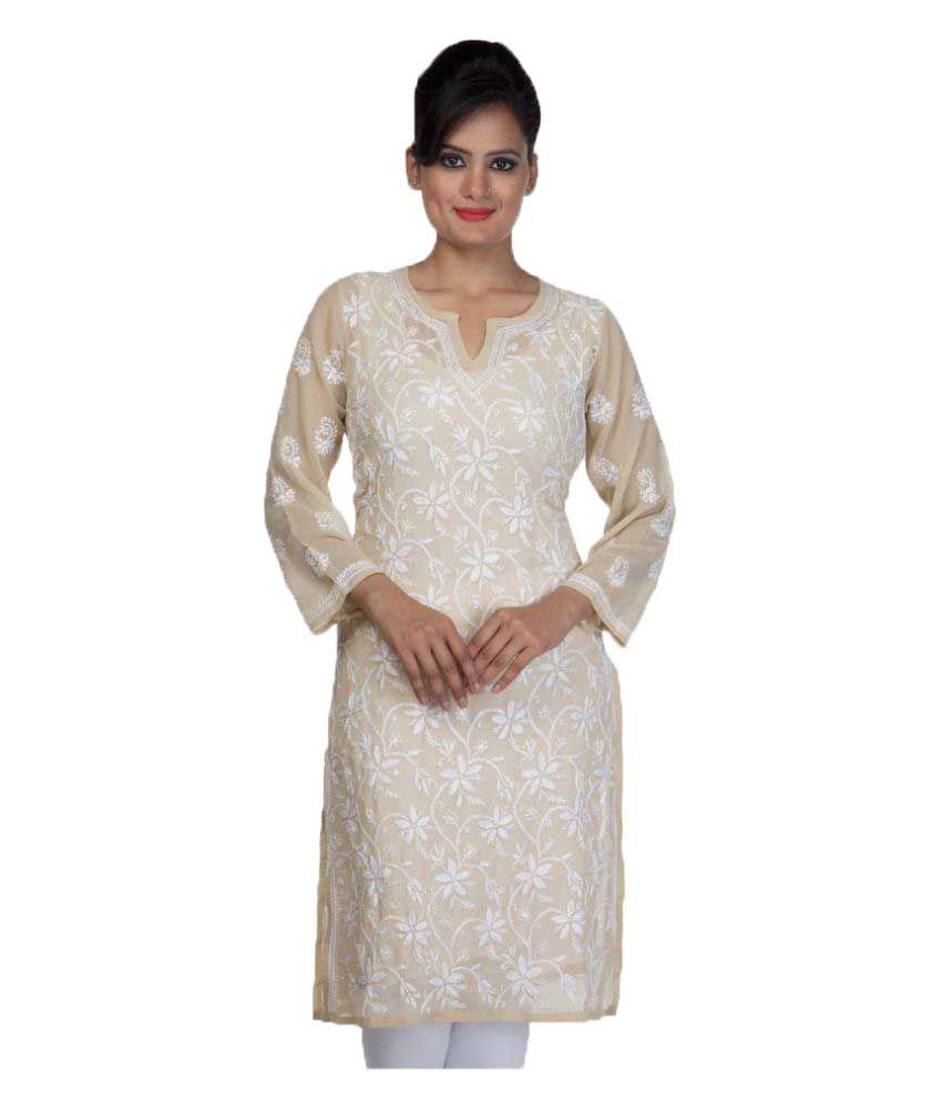 Ada Beige Georgette Straight Chikan Kurti