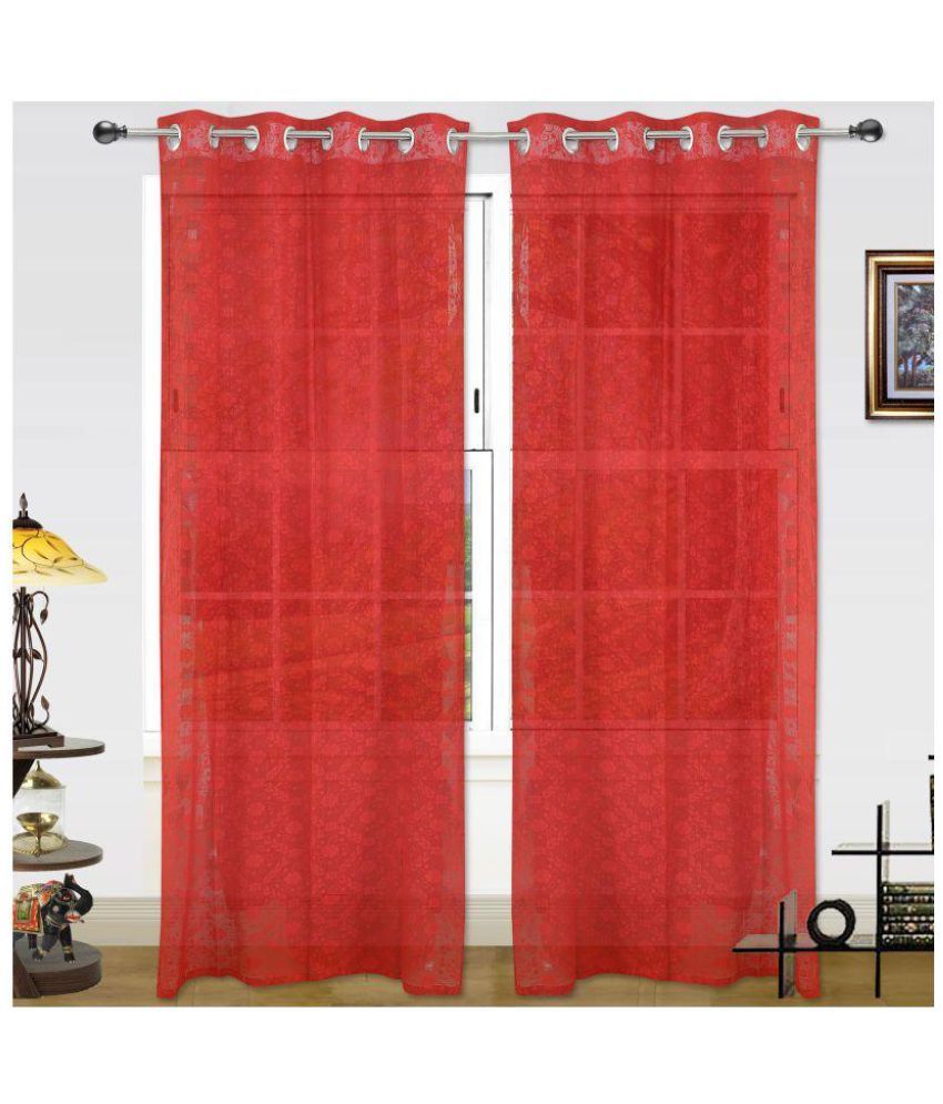 Dekor World Set Of 2 Long Door Eyelet Net Curtains Floral Red