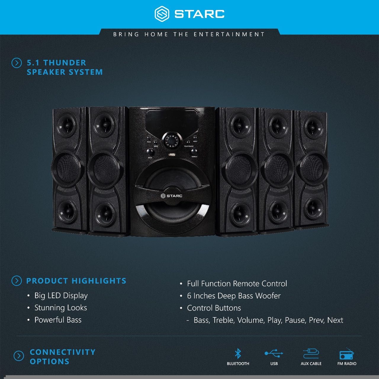 Buy Starc Thunder 5.1 Speaker System with Bluetooth,USB,FM Radio,AUXIN