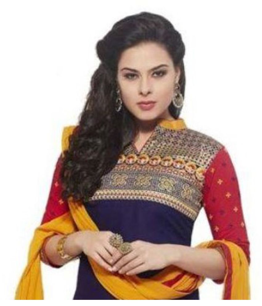 Patiala Hub Yellow and Blue Cotton Straight SemiStitched Suit Buy