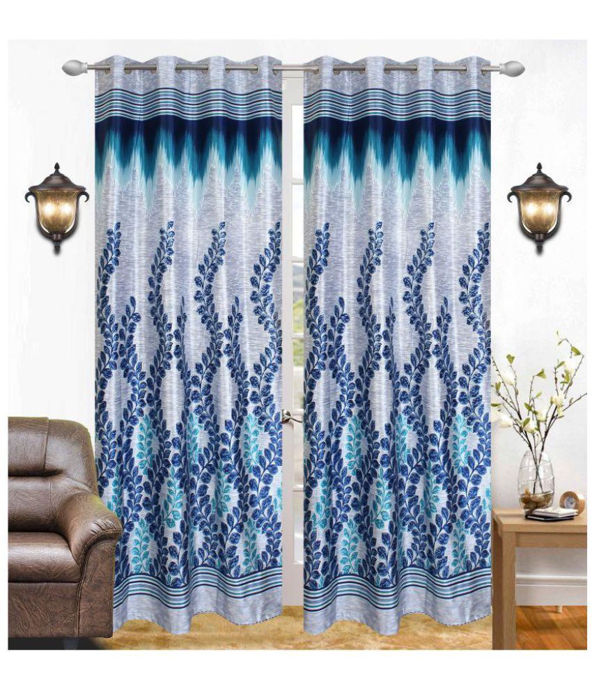     			Tanishka Fabs Floral Semi-Transparent Eyelet Door Curtain 7 ft Pack of 2 -Blue