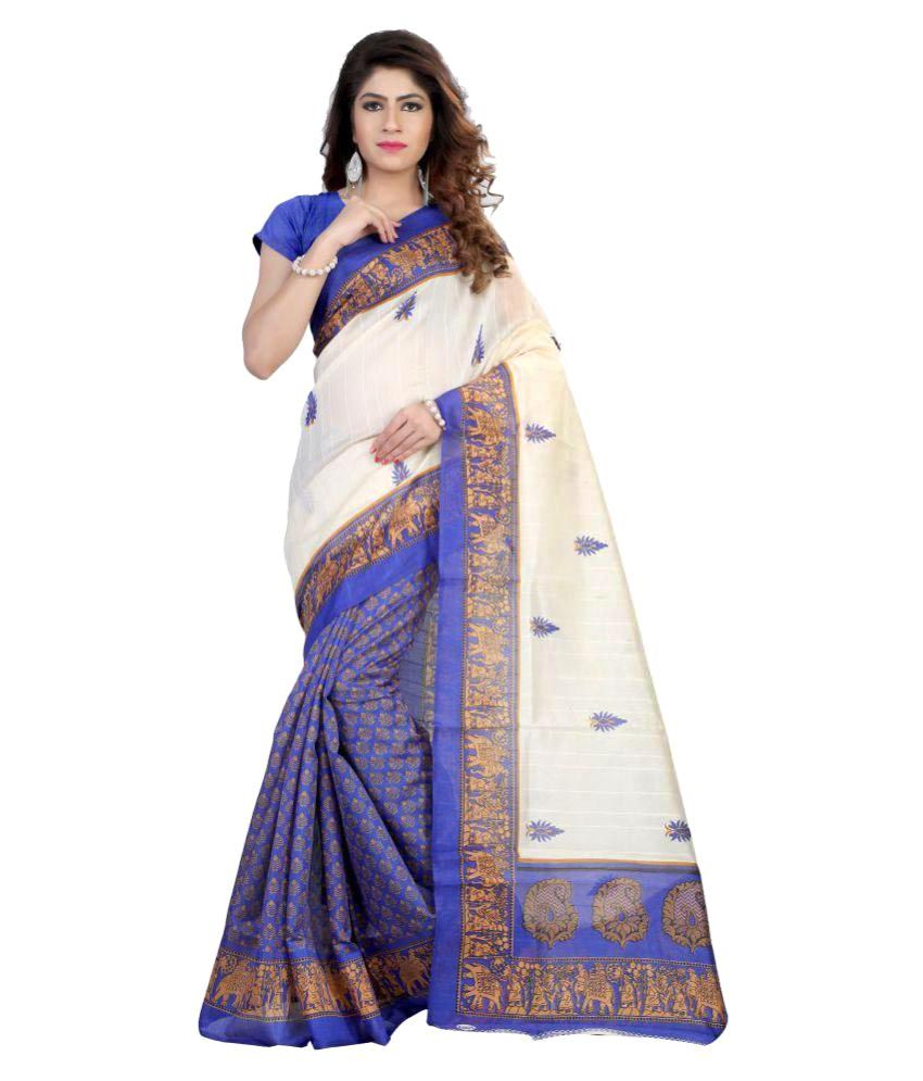     			SVB Sarees White and Blue Bhagalpuri Silk Saree