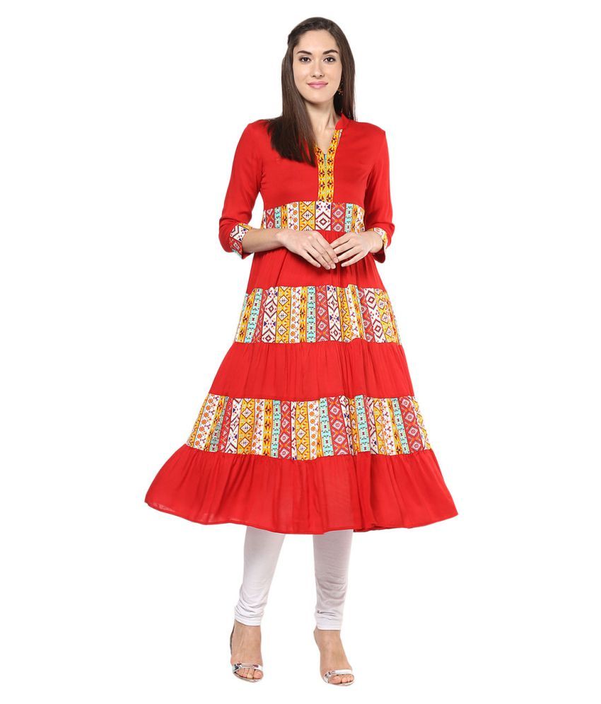     			StyleStone - Red Rayon Women's Tiered Flared Kurti