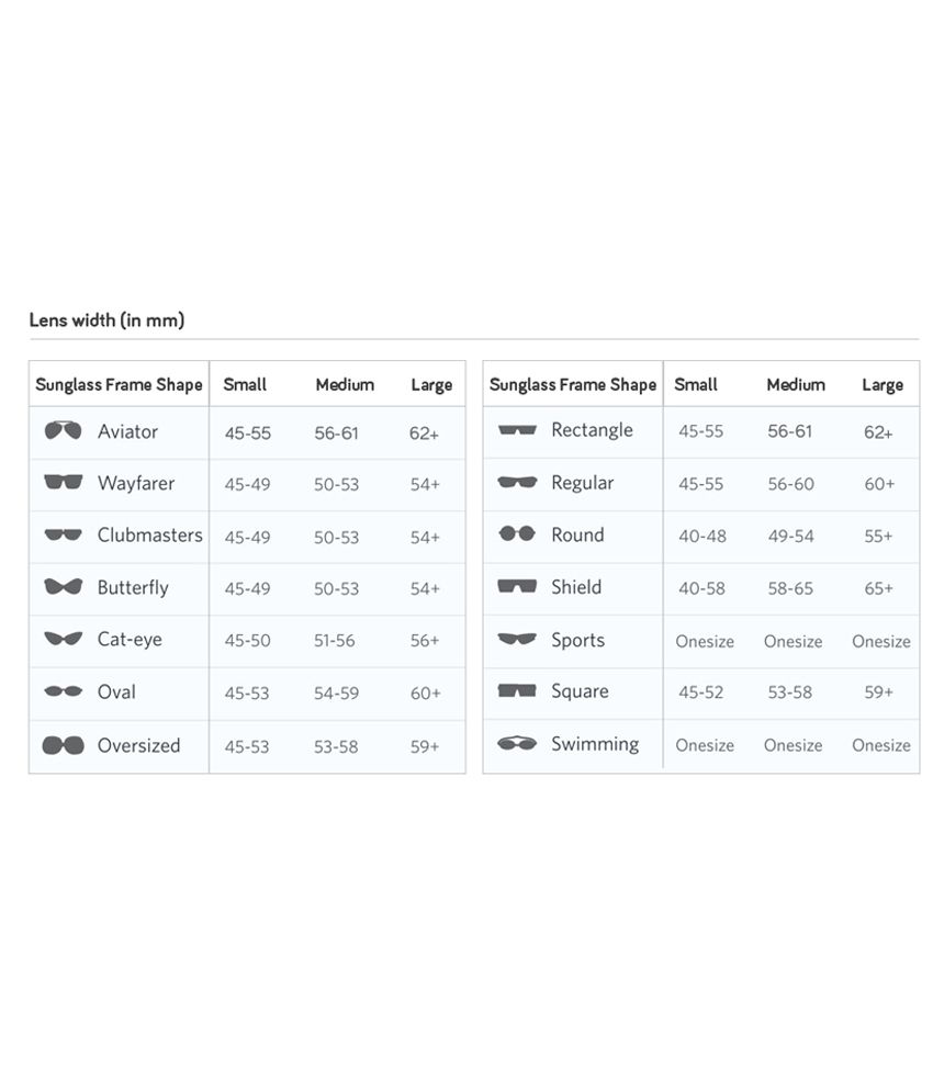 wayfarer sunglasses size chart