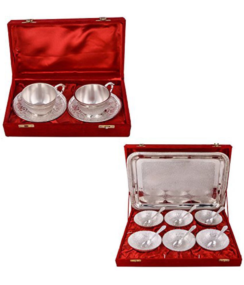 Silver Plated 2 Cup Plate Set and Silver Plated 6 Mor Bowl with Spoon