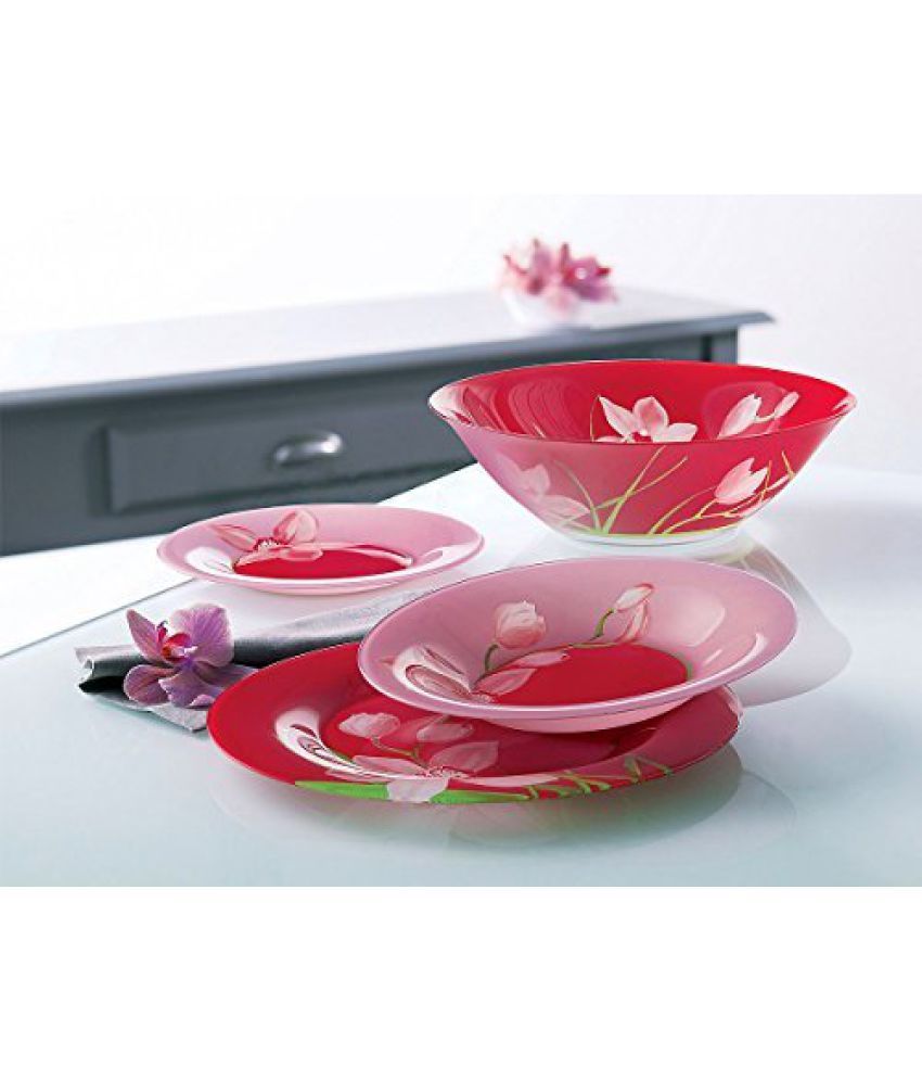 Luminarc Red Orchis Unbreakable Tempered Glass 19 Pcs Dinnerware Set Red Colored Vintage Dish 5812