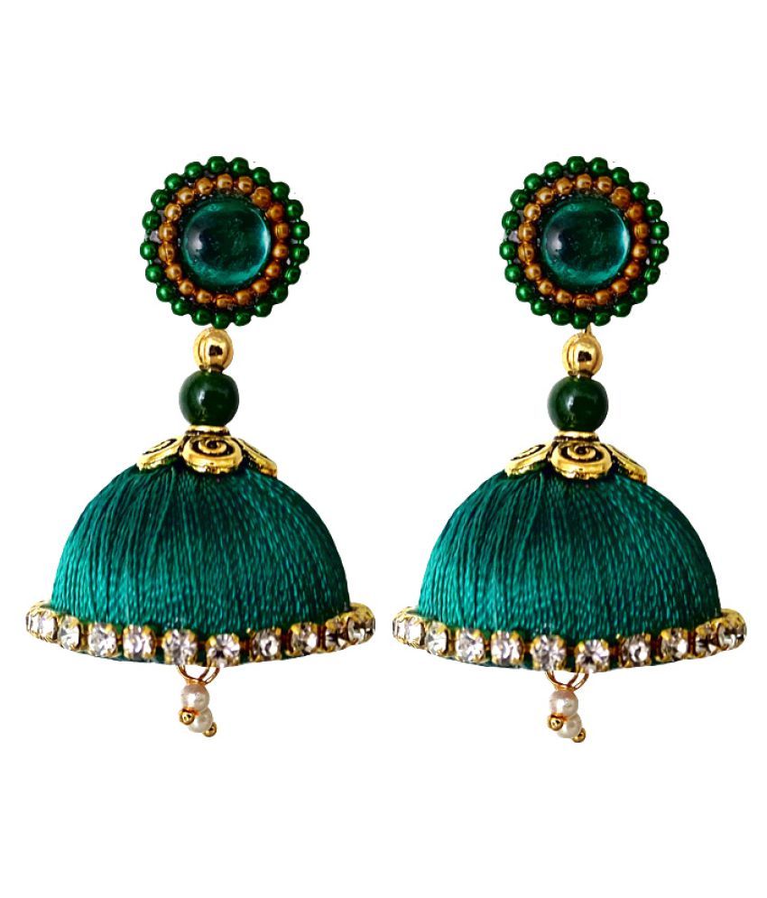 Handmade Silk Thread Peacock Green Dangler Jhumka Earrings Model 1