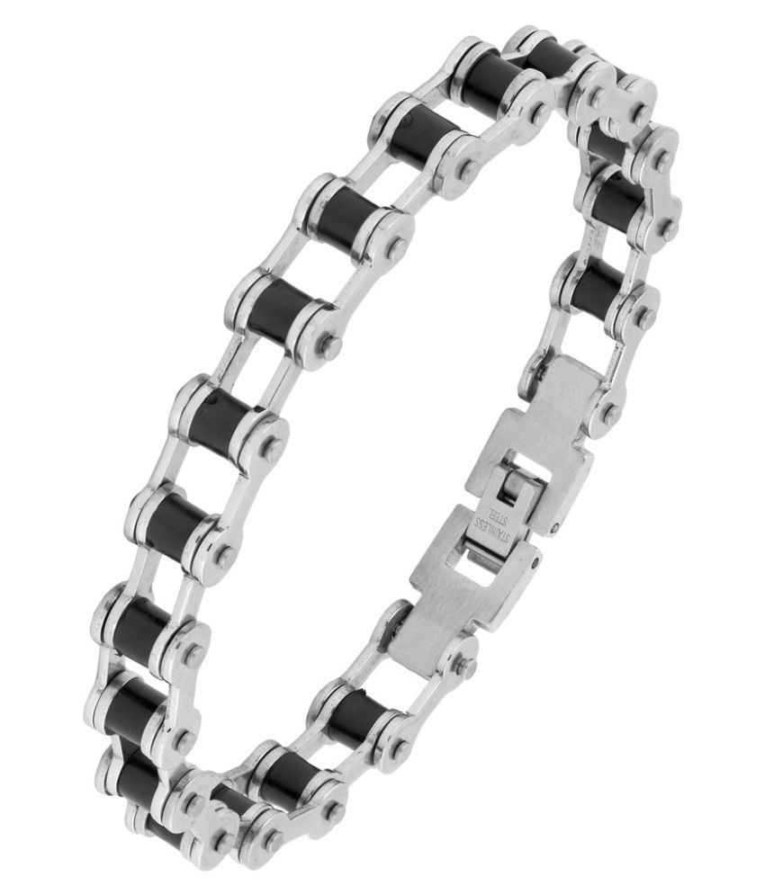     			Bike Motor Cycle Chain Black Accents Silver Plated 316L Surgical Stainless Steel Bracelet For Men