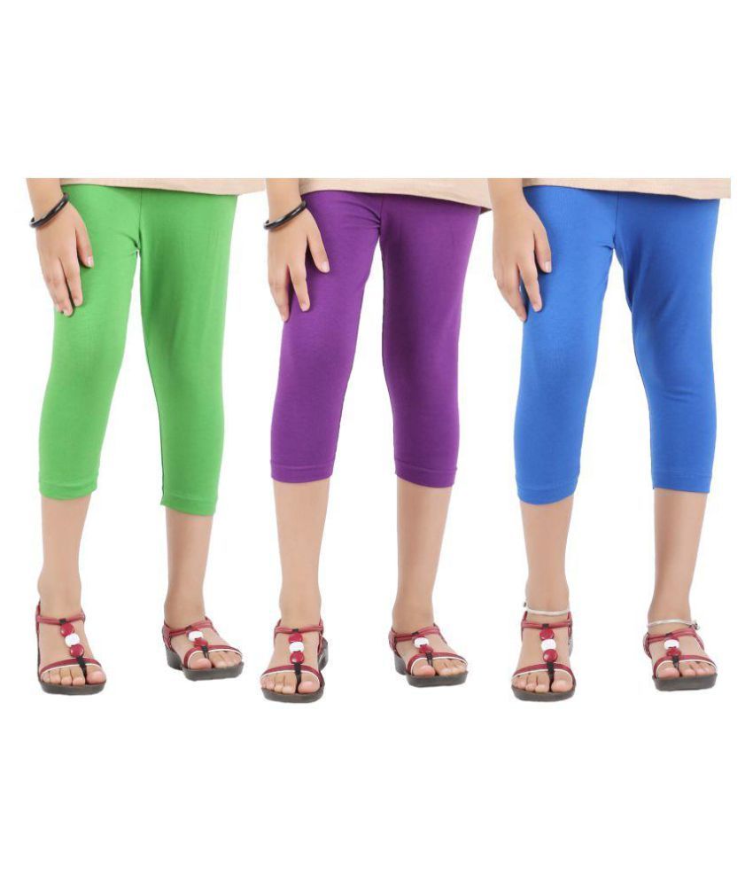     			GREEN,PURPLE AND BLUE GIRLS CAPRI LEGGINGS - PACK OF 3