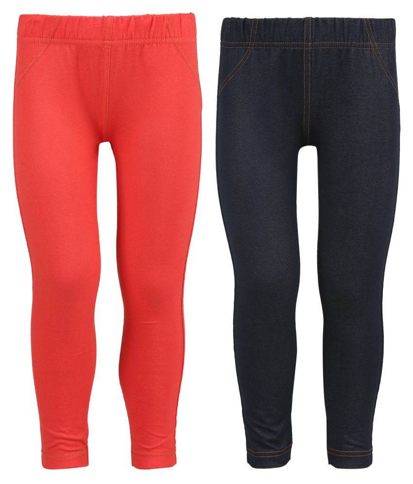     			Coral and Navy Blue  Jegging For Girls - Pack Of 2