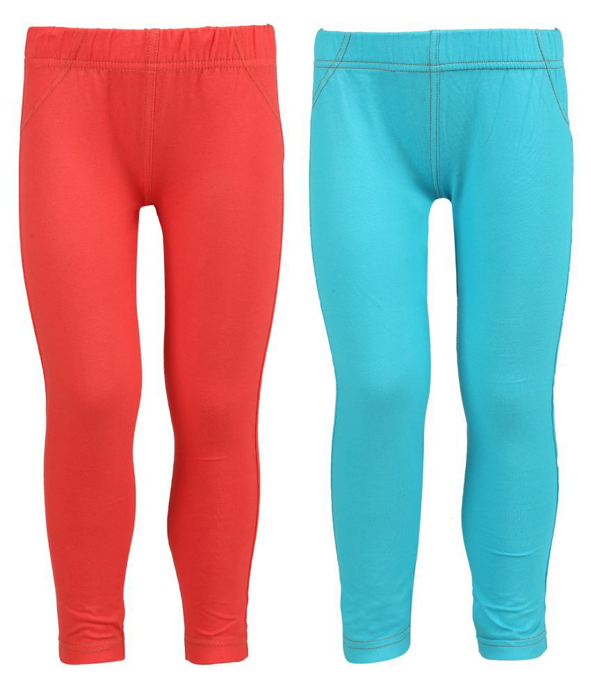     			Coral and Light Blue  Jegging For Girls - Pack Of 2
