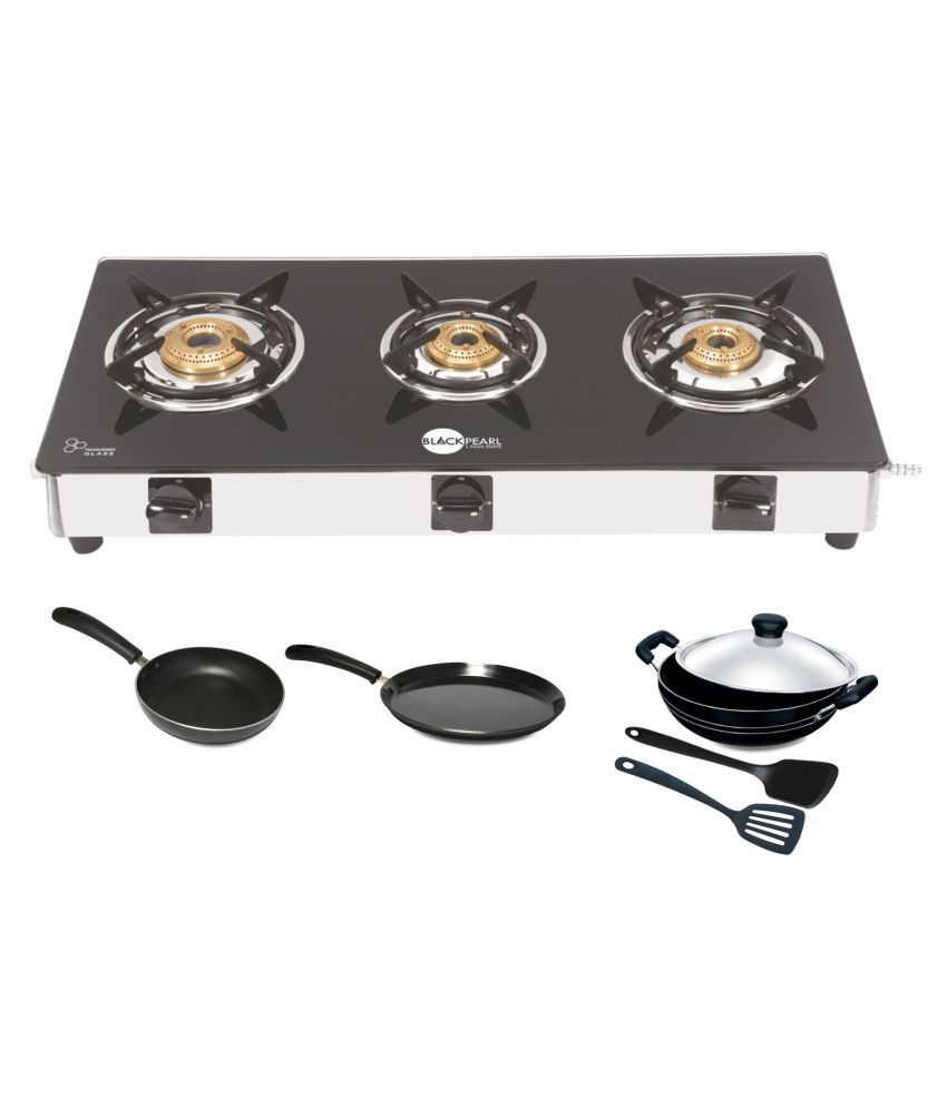 Black Pearl 3 Burner Manual Gas Stove with 6 Pcs Cookware Set Price in