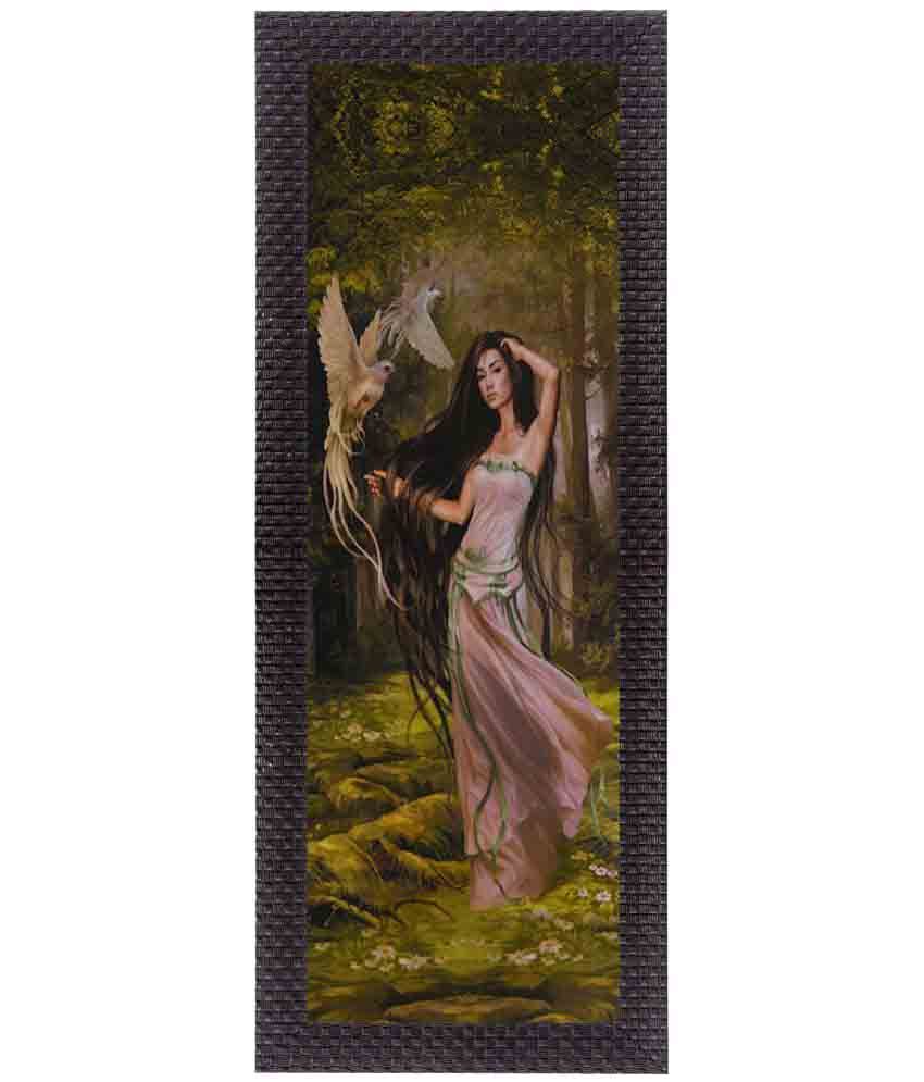     			eCraftIndia Beautiful Woman With Bird Satin Matt Texture UV Art Wood Painting With Frame Single Piece