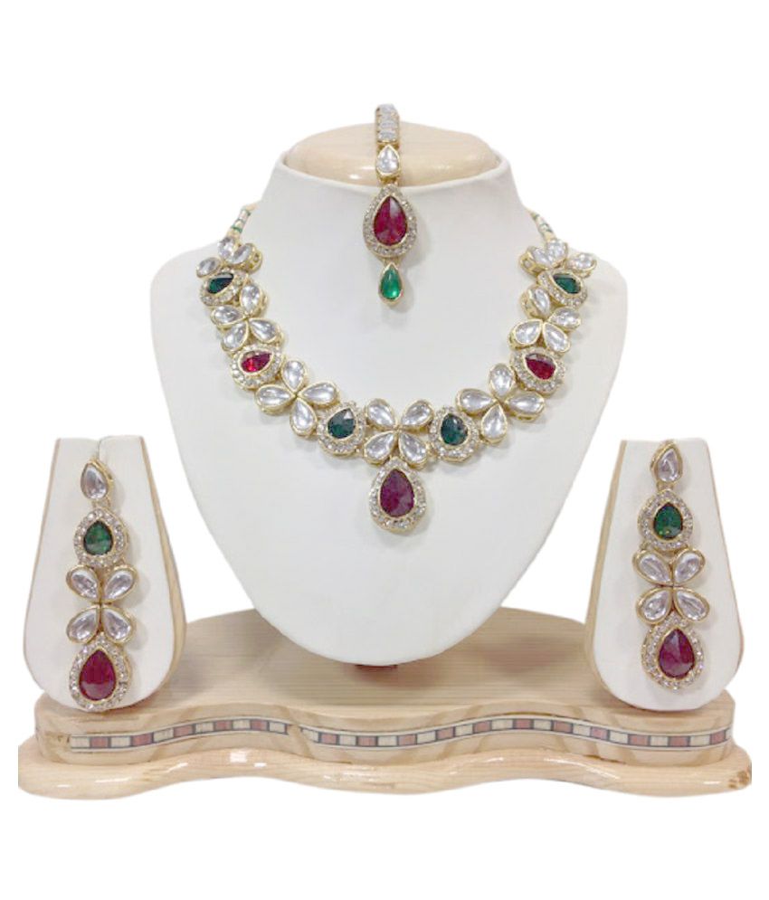 VVS Jewellers Multicolour Kundan Necklace Set with Maang Tika - Buy VVS ...