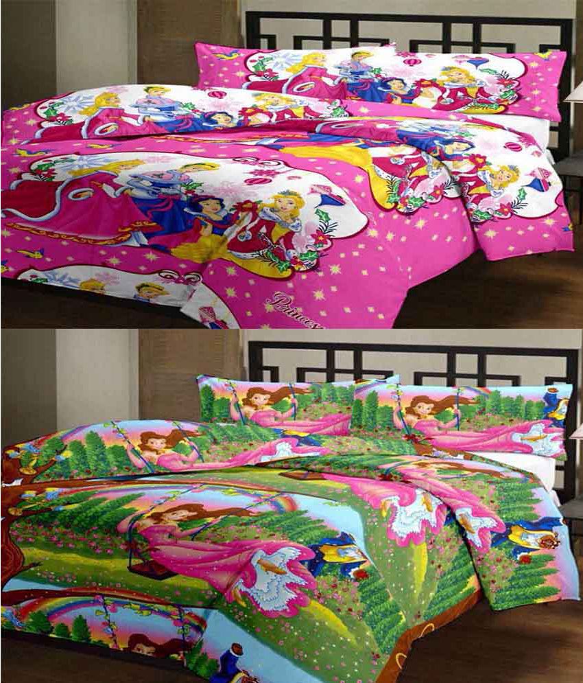     			EasyHome Disney Multi-Colour Cartoon Prints Single Two Single Bedsheets and Two Pillow Cover Kids Bedsheet
