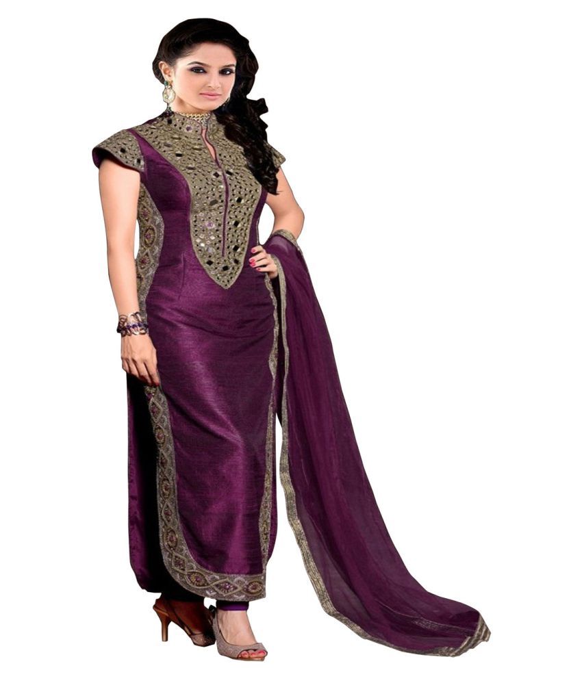 Kesu Fashion Grey and Purple Bangalore Silk Dress Material