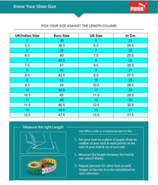 puma shoes size chart india