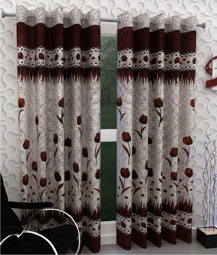     			Homefab India Floral Semi-Transparent Eyelet Door Curtain 7ft (Pack of 2) - Brown