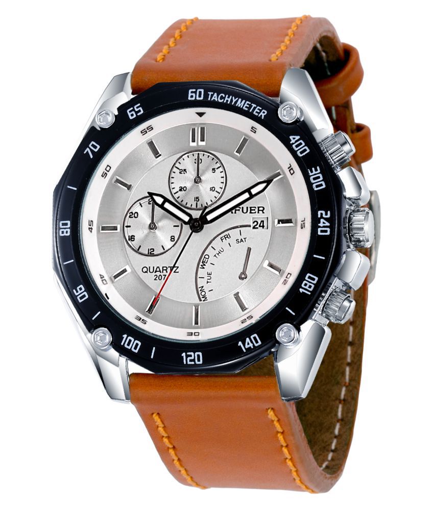 Cafuer Analogue Look Brown Leather Belt & White Dial Date Calendar ...