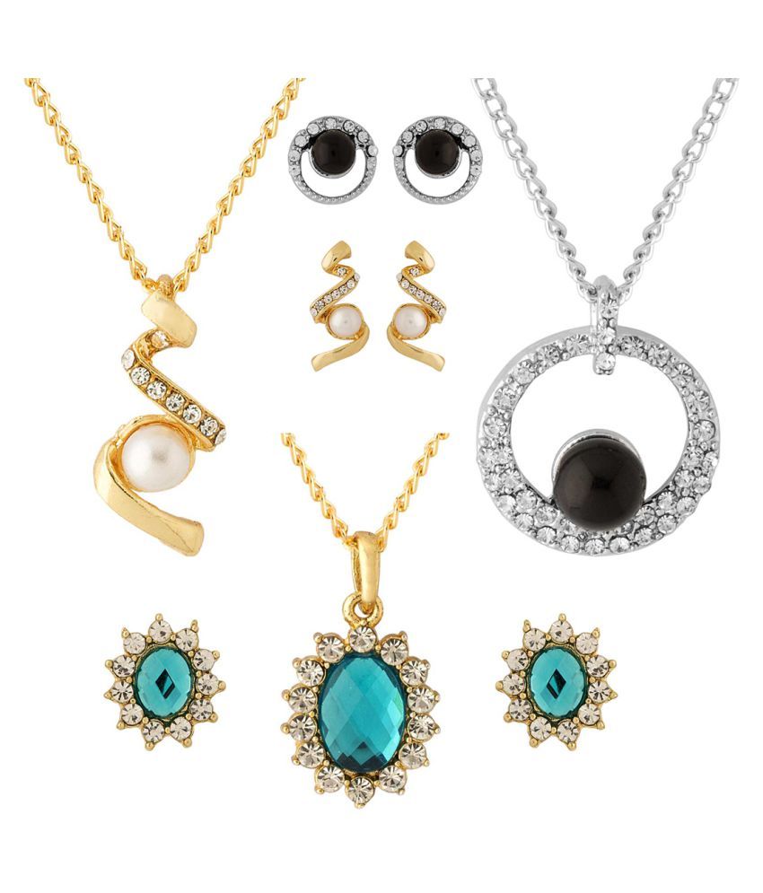 Crystal & Pearl Studded 3 Pendant Set With Chain Combo For Women Buy Crystal & Pearl Studded 3
