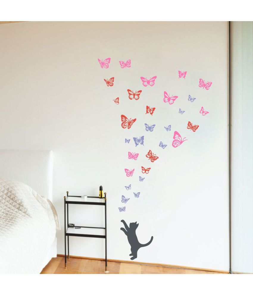     			Decor Villa Butterfly Cat PVC Multicolour Wall Sticker - Pack of 1