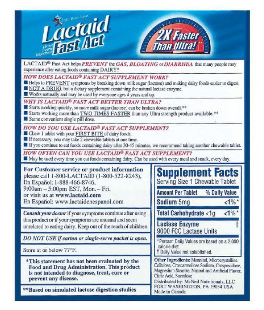 Lactaid Fast Aid Lactase enzyme supplement 96 96 no.s Meal Replacement