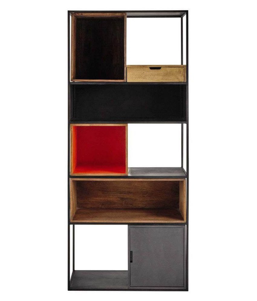 Animated Mango Wood Bookshelf With Colored Shelves And Metal Frame