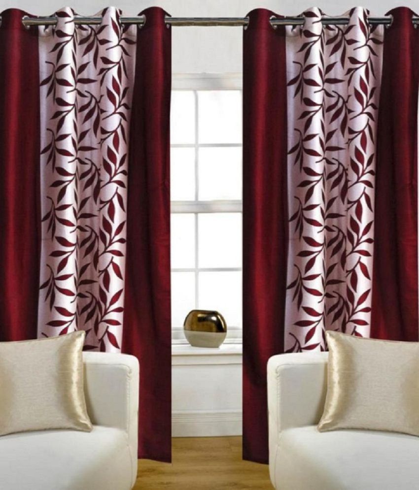     			Panipat Textile Hub Floral Semi-Transparent Eyelet Door Curtain 7 ft Pack of 2 -Maroon