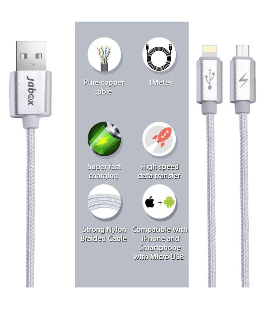     			Jabox Premium Micro USB and Apple iPhone Data / charging / USB Cable (2 output Charging,Color - Silver)