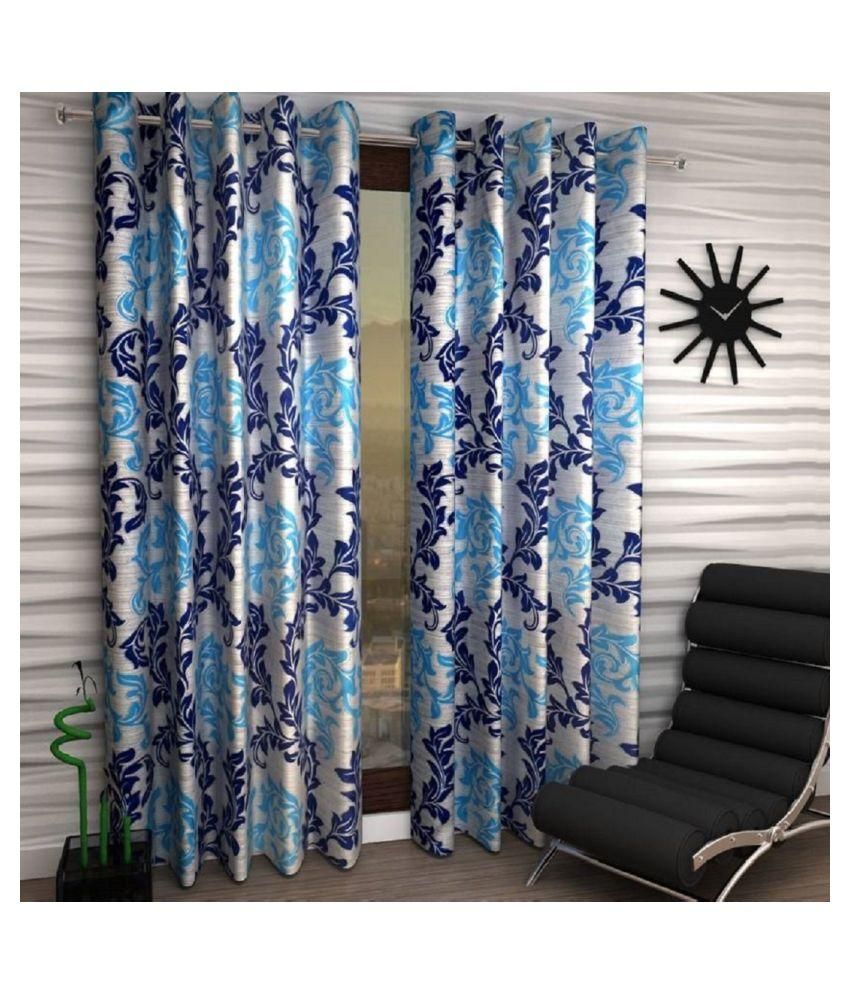     			Phyto Home Floral Semi-Transparent Eyelet Door Curtain 7 ft Pack of 4 -Blue