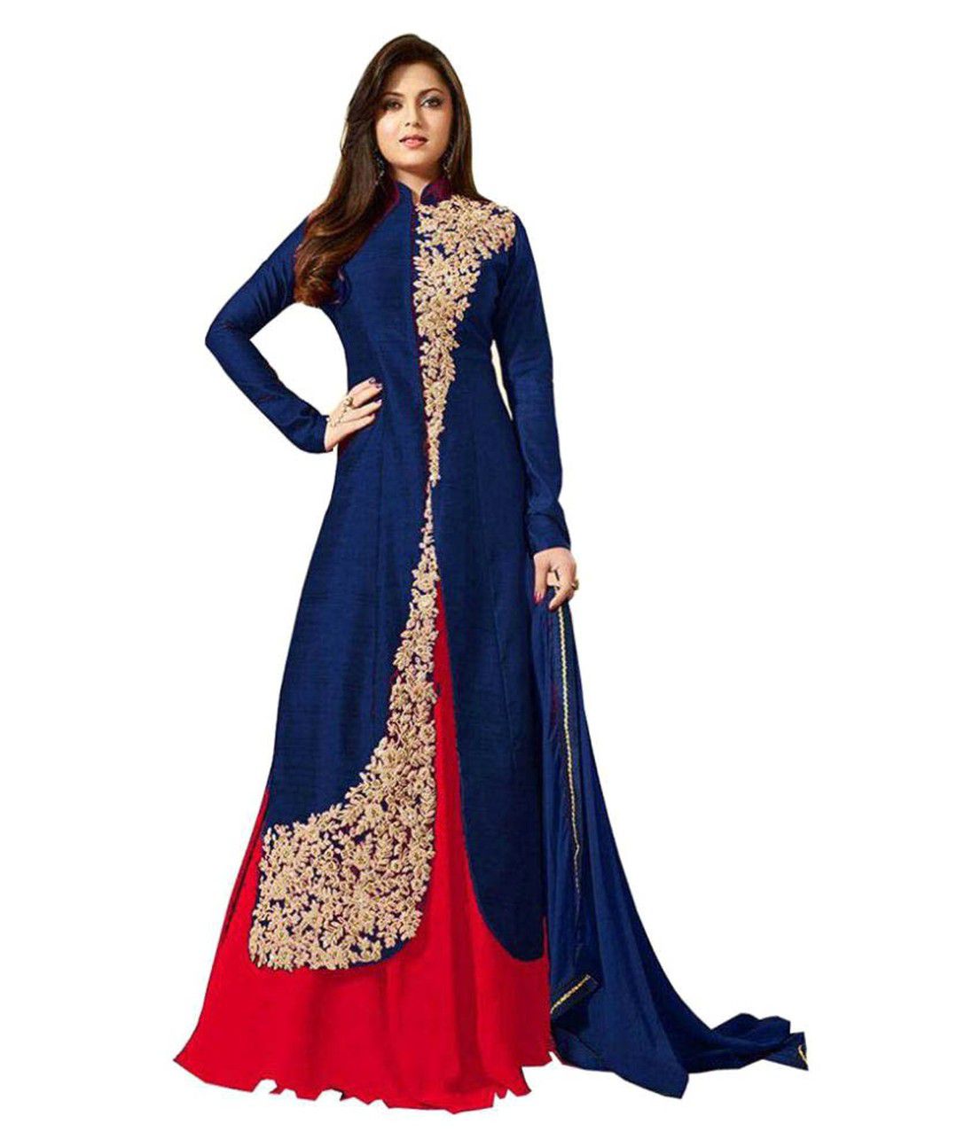     			New Designer Red and Blue Bangalore Silk Circular Semi Stitched Lehenga