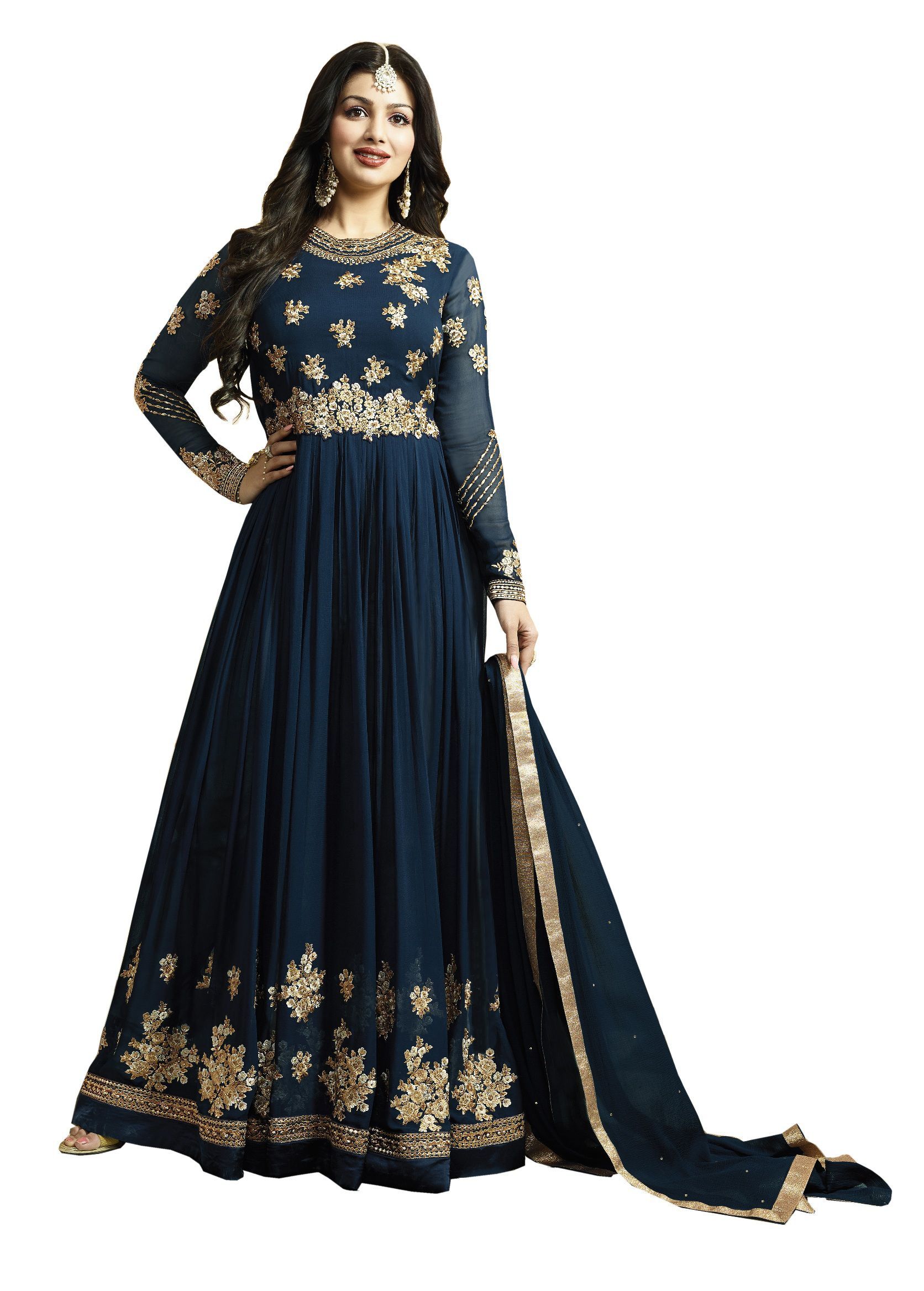 Women's Blue Fully Stiched  Georgette Printed Anarkali  Gown