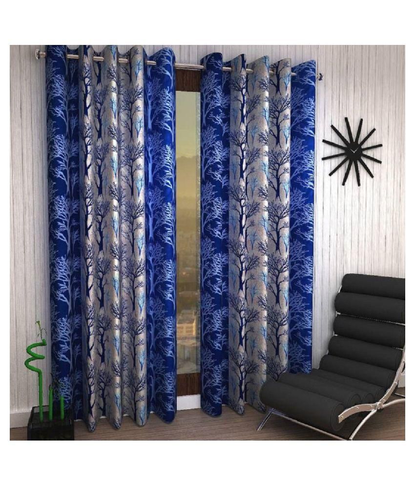     			Panipat Textile Hub Floral Semi-Transparent Eyelet Window Curtain 5 ft Pack of 2 -Blue