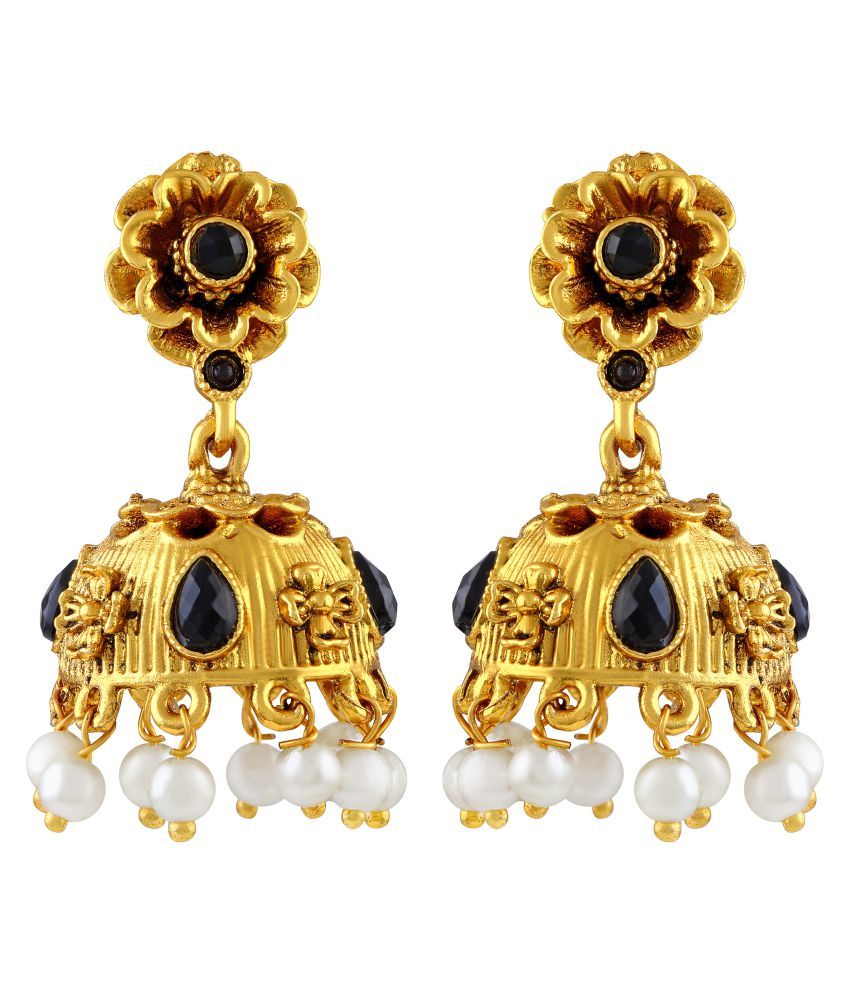     			Asmitta Traditional Flower Design Gold Plated Black Stone Jhumki Earring For Women