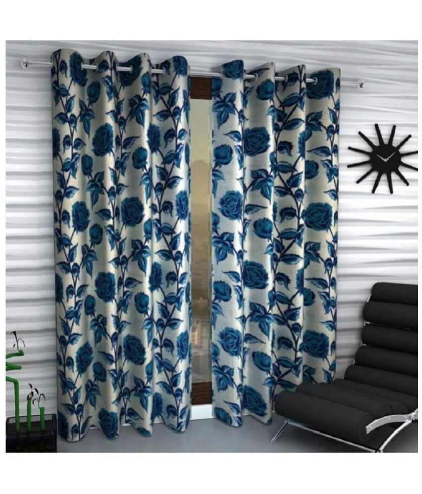     			Phyto Home Floral Semi-Transparent Eyelet Long Door Curtain 9 ft Pack of 2 -Blue