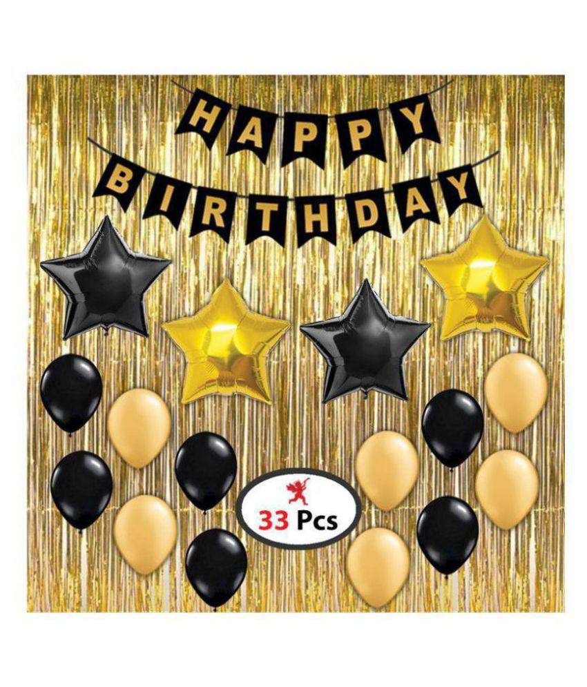     			PARTY PROPZ™ 1 HAPPY BIRTHDAY BANNER 2 BLACK AND 2 GOLDEN STAR FOIL BALLOON, 3 PIECES SILVER FOIL CURTAIN AND 25 PIECES BALLOON COMBO/ HAPPY BIRTHDAY PARTY SUPPLIES / BIRTHDAY PARTY DECORATION (GOLDEN AND BLACK)