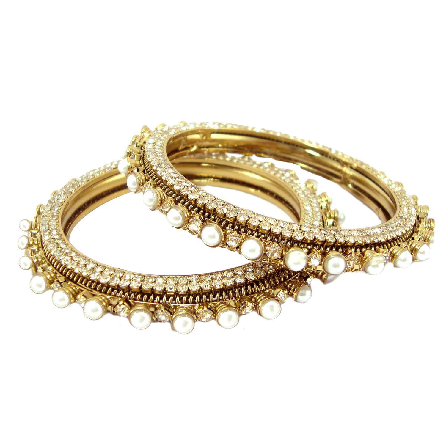 Biyu Antique Style Dull Gold Plated Pearl CZ 2pc Bangles for Women/Girls 