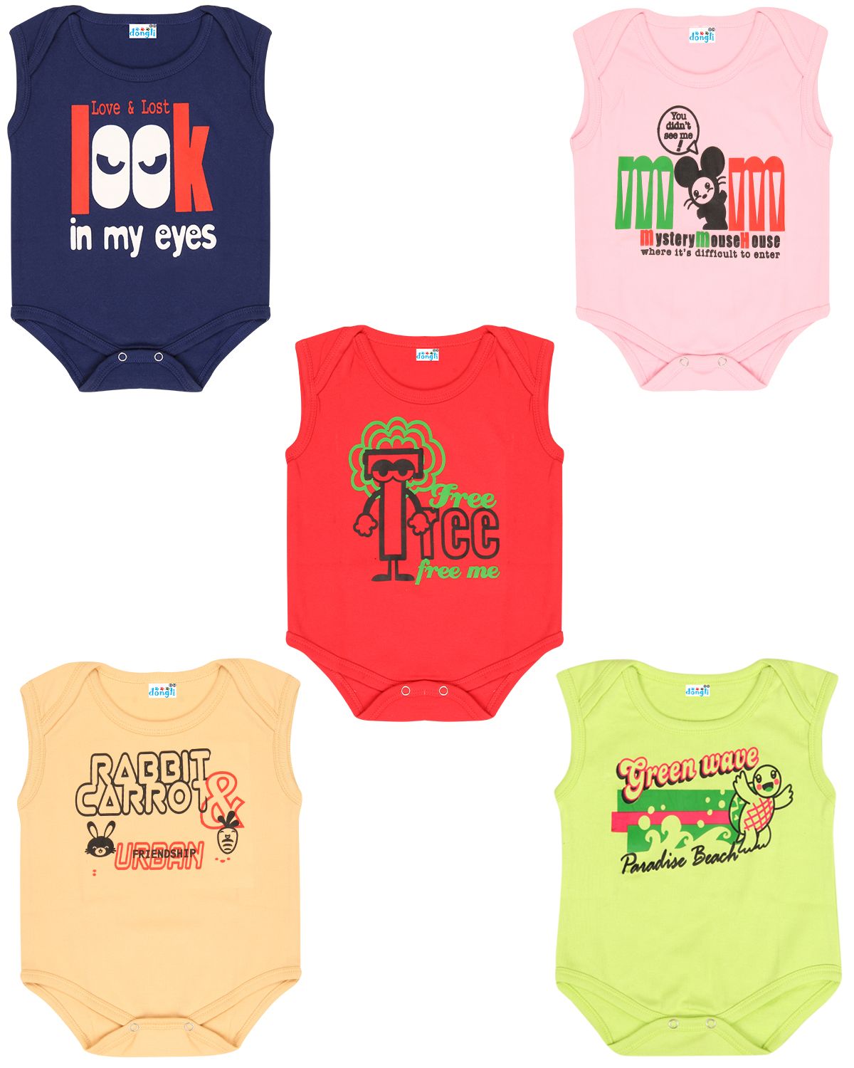     			Dongli Pack of 5 Unisex for Baby 100% Cotton Bodysuit ( Multi Color )