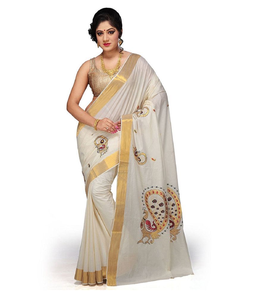     			RSV FABRICS Grey and Beige Kerela Cotton Saree